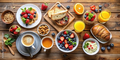 Healthy breakfast spread on wooden table, healthy, breakfast, table, fruits, vegetables, clean eating, morning