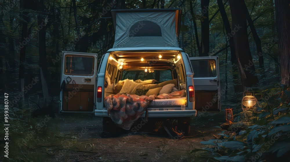 A white van with a pop-up tent is parked in a forest at night. The interior is lit with yellow lights and a blanket and pillows are on the bed. There is a lantern on the ground next to the van. A white van with a pop-up tent is parked in a forest at night. The interior is lit with yellow lights and a blanket and pillows are on the bed. There is a lantern on the ground next to the van.