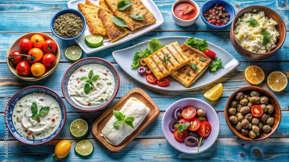 Traditional Greek dishes including feta, tzatziki, moussaka Traditional Greek dishes including feta, tzatziki, moussaka