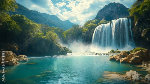 Natural landscape with turquoisecolored water and the monumental Tamul waterfall in the background on a sunny day with clouds in the Huasteca Potosina : Generative AI photo