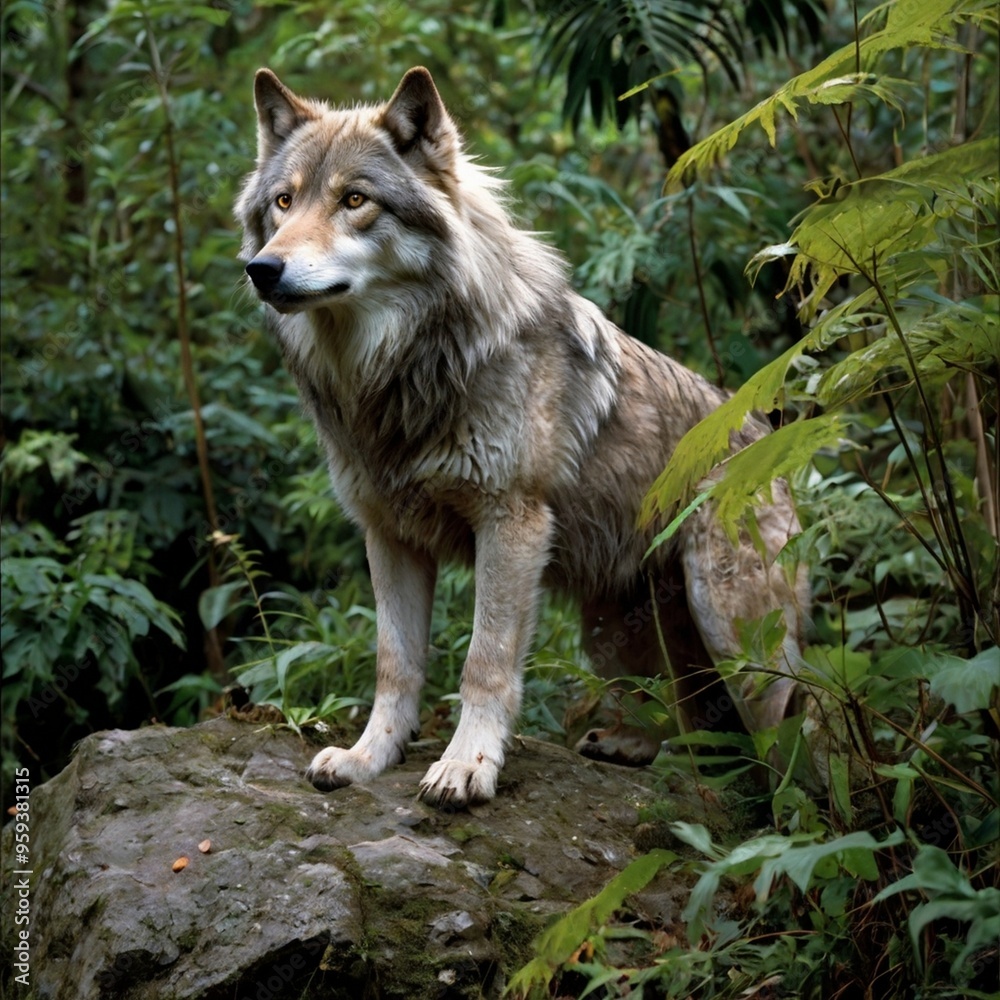 Closeup wild Gray Pack wolf standing on a rock in the forest royalty free stock photos images generated Ai Closeup wild Gray Pack wolf standing on a rock in the forest royalty free stock photos images generated Ai