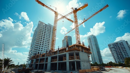 Tower lifting cranes at high residential apartment building construction site Real estate development in Miami urban area : Generative AI photo