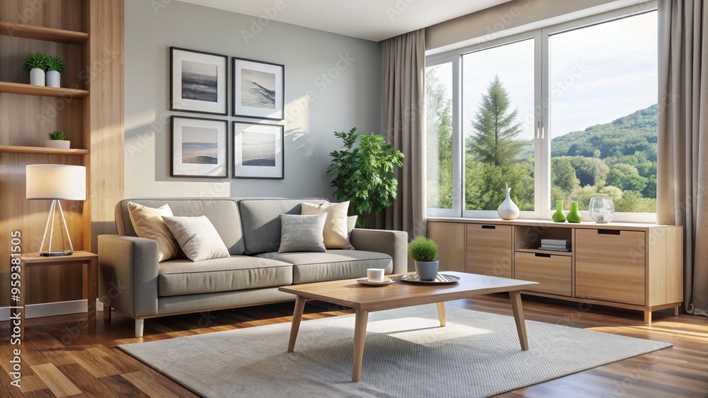 Sofa and coffee table by window in modern living room with picture frame on cabinet , living room, sofa, coffee table Sofa and coffee table by window in modern living room with picture frame on cabinet , living room, sofa, coffee table