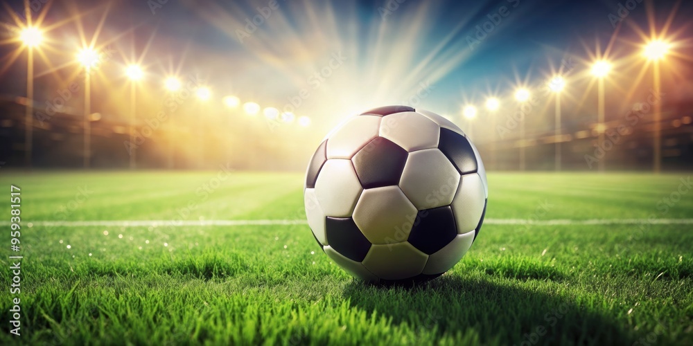 Naklejka premium Soccer ball on lush green field, soccer, ball, sport, grass, field, outdoor, game, play, equipment, exercise, recreational