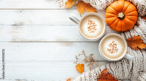 Cozy autumn table scene with pumpkins sweater natural decor and pumpkin spice latte Top down view over a white wood background : Generative AI