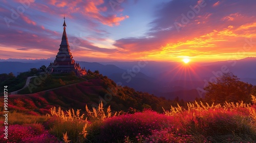 Beautiful Sunrise landscape at  Phramahathat Napaphol Bhumisiri on the top of Inthanon mountain Doi Inthanon National Park Chiang mai Thailand : Generative AI photo