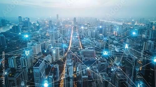 Smart City with Wireless Telecommunication: Modern City Aerial View and Advanced Communication Network Concept