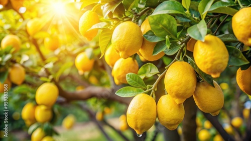 Lemon tree with ripe lemons in sunlight, fresh lemons growing on tree branches, lemon, tree, ripe, fresh, sunlight, harvest