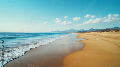 Big golden sand beach at sunny day Los Lances beach in Tarifa Cadiz Coast Andalusia Spain Minimalist coastal panorama of a large empty beach : Generative AI