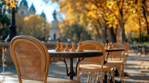 Spain madrid empty chairs in front of outdoor chess tables in el retiro park : Generative AI photo