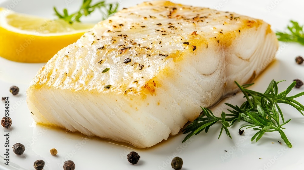 Close-up of a Grilled Fish Fillet on a White Plate with Lemon and Herbs, grilled fish, fish recipe, seafood , Close-up of a Grilled Fish Fillet on a White Plate with Lemon and Herbs, grilled fish, fish recipe, seafood ,