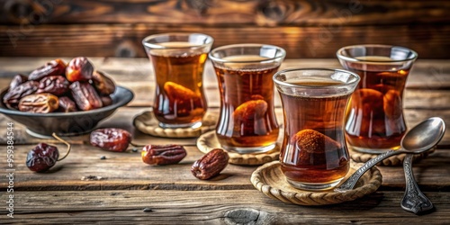 Traditional Turkish Arabic tea glasses placed alongside dried dates and spoons, on a rustic wooden table, Turkish, Arabic