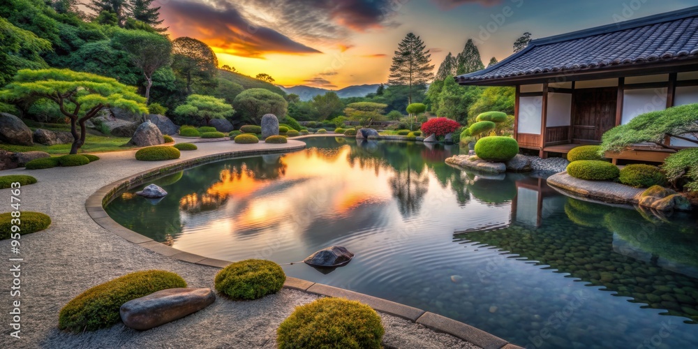 Obraz premium Japanese Zen garden at dawn with tranquil koi pond , Japan, Zen garden, Tranquil, Koi pond, Dawn, Peaceful, Serene, Meditation