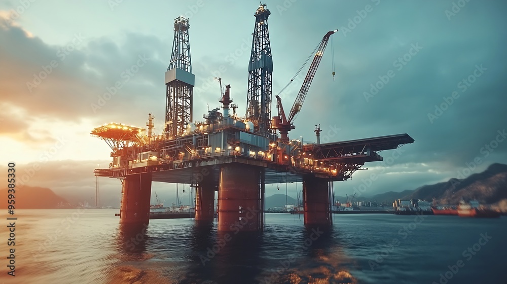 Offshore oil rig platform during construction site in the harbor yard : Generative AI