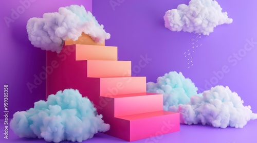 Pink and peach steps with clouds and flying birds on a purple background.