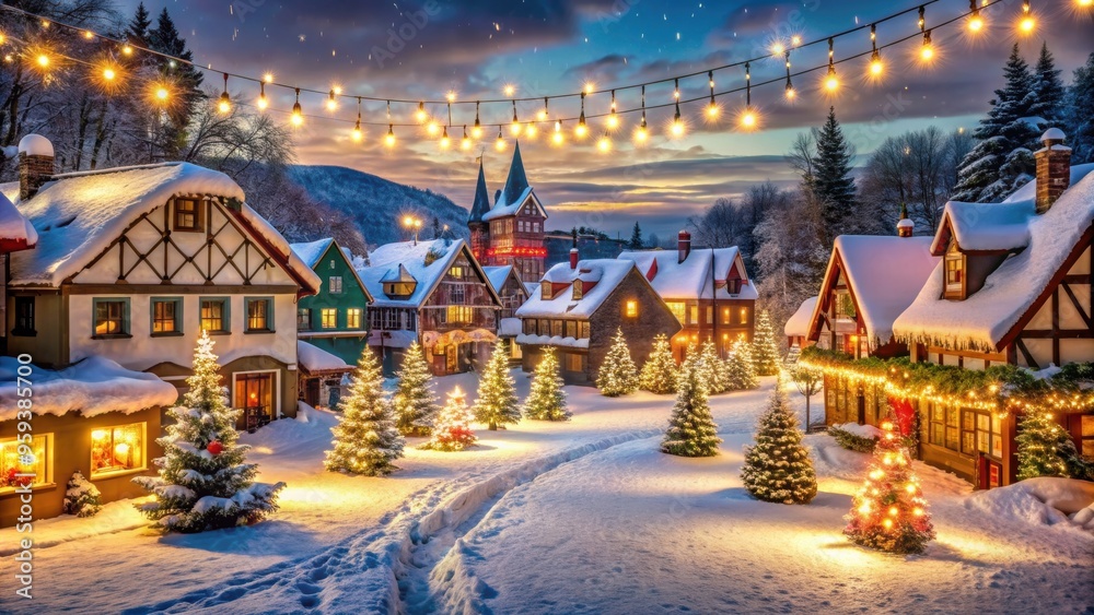 Fototapeta premium Whimsical town covered in twinkling lights and snow with festive decorations, Christmas, winter, holiday, magical, town