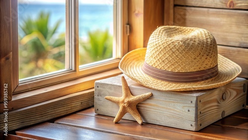 Straw hat adorned with a starfish in a wooden box sitting by the window, straw hat, starfish, wooden box, window photo