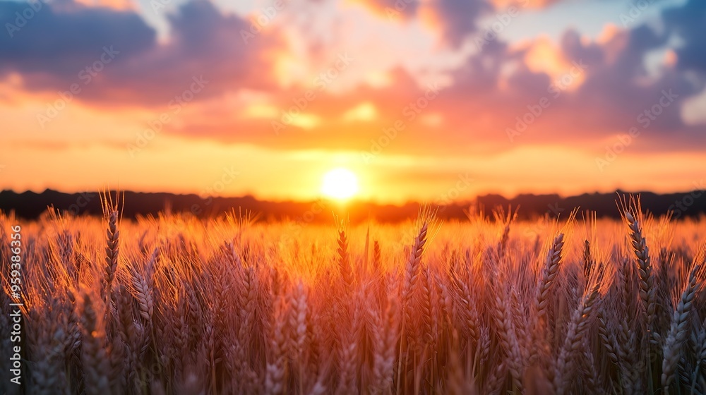 Fototapeta premium A selective focus shot of a sunset over a barley field : Generative AI