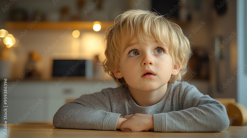 A cute blondhaired boychild is sitting at the kitchen table waiting for his mother to cook food and watching TV : Generative AI A cute blondhaired boychild is sitting at the kitchen table waiting for his mother to cook food and watching TV : Generative AI