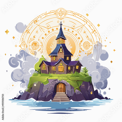 Fantasy wooden house on the island. Fairy tale vector illustration.