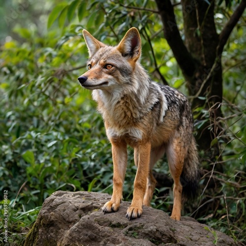 Closeup wild Gray Pack wolf standing on a rock in the forest royalty free stock photos images generated Ai