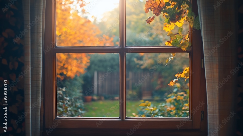 Fototapeta premium View through a Double glazed wooden window frame in the home in autumn season weather : Generative AI
