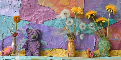 Children s art project created using cardboard and natural materials featuring a bear with lavender fur and a vase filled with dandelions and blossoms photo