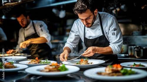 Young cooks men in aprons carefully serving meal in white ceramic dishes on restaurant kitchen : Generative AI