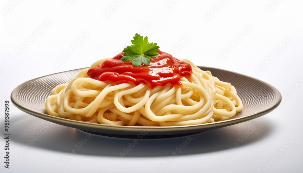 Udon with red sauce on white background isolated Udon with red sauce on white background isolated