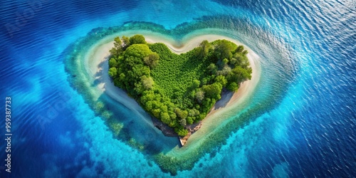 Heart shaped island surrounded by crystal blue ocean waters, heart, island, ocean, love, nature, landscape
