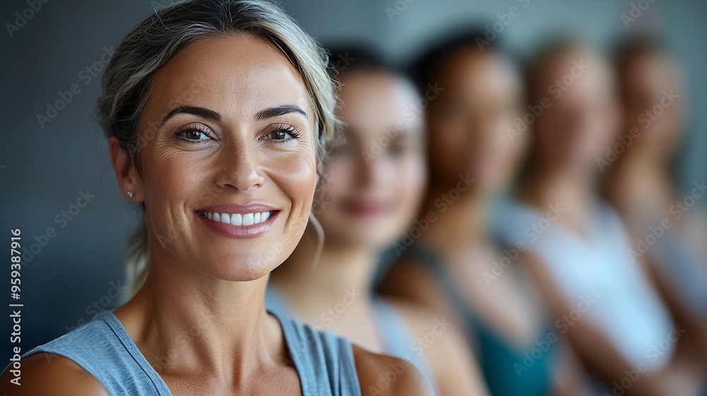 Happy mature woman looking at camera while visiting group training class for females : Generative AI Happy mature woman looking at camera while visiting group training class for females : Generative AI