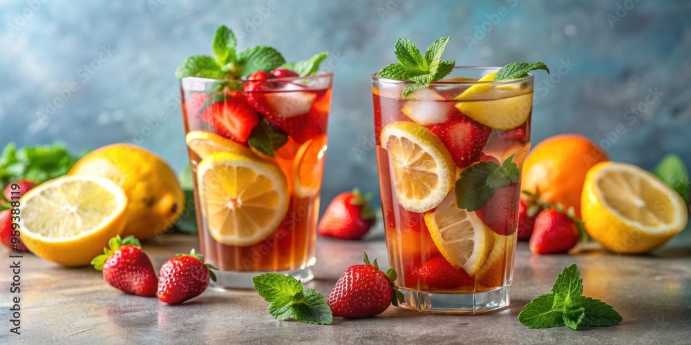 Refreshing strawberry mint and lemon iced tea or lemonade in glasses , summer, beverage, drink, cold, fruity, flavor Refreshing strawberry mint and lemon iced tea or lemonade in glasses , summer, beverage, drink, cold, fruity, flavor