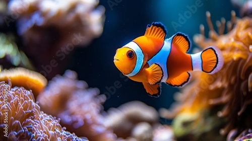 famous ocellaris clownfish healthy and active animal in soft corals nano reef marine aquarium expensive hobby for experienced aquarist LED actinic blue low light beautiful blurred back : Generative AI photo