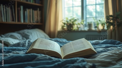 Selective focus on open book in messy bed with rumpled blanket bedding linen and pillows in morning Reading concept Lazy mood Relax on weekend Detail of interior in cozy bedroom : Generative AI