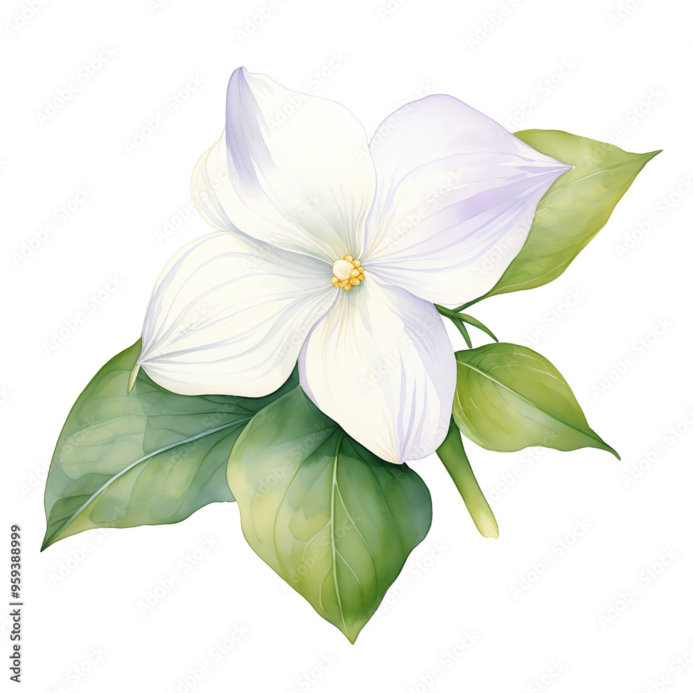 Fototapeta premium Elegant white flower with green leaves, isolated on a white background, perfect for floral designs and nature art.