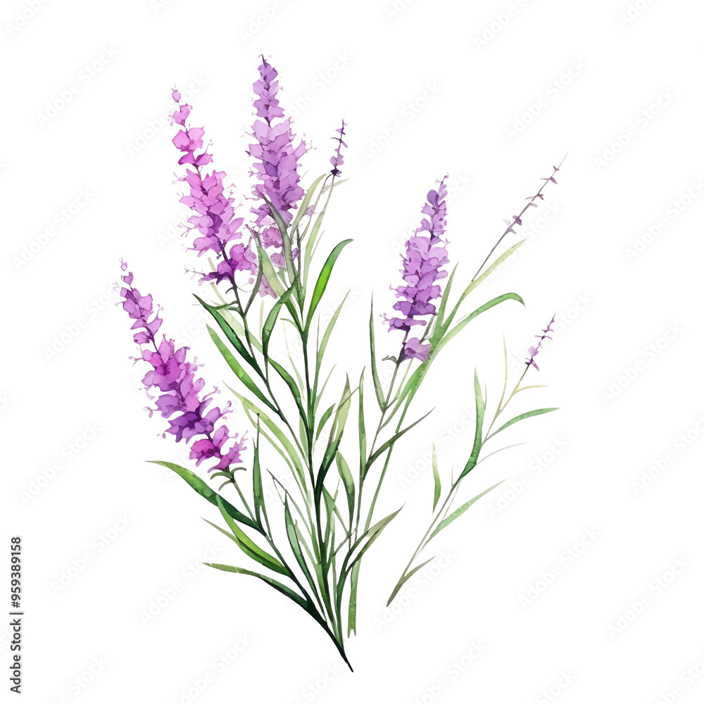 Naklejka premium Beautiful watercolor illustration of lavender flowers in full bloom, showcasing vibrant purple hues and lush green foliage.