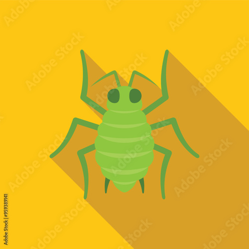 Green aphid icon in flat style with long shadow on yellow background