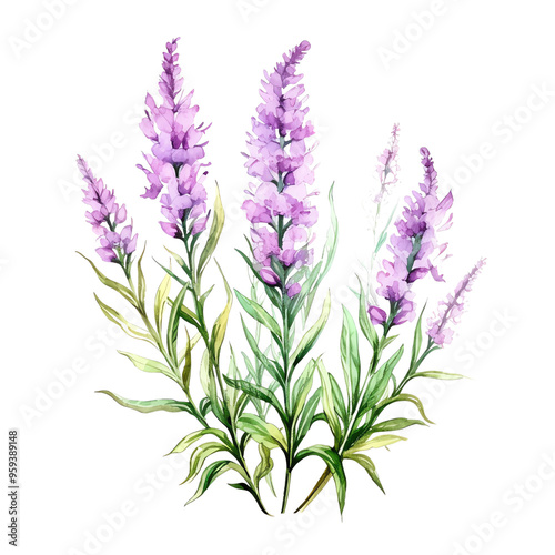 Beautiful watercolor lavender illustration featuring vibrant purple flowers and green leaves, perfect for botanical art projects and decor.