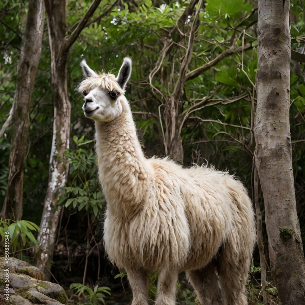 Closeup wild white Llama standing on the rock in the jungle South America animals royalty free stock photos images generated Ai Closeup wild white Llama standing on the rock in the jungle South America animals royalty free stock photos images generated Ai