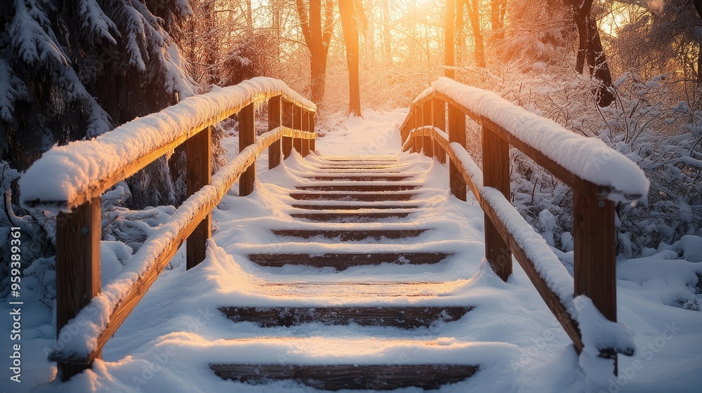 wooden bridge on winter frozen forest tree on sunrise beautiful view background wooden bridge on winter frozen forest tree on sunrise beautiful view background