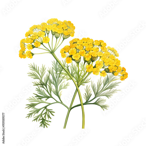 Illustration of yellow yarrow flowers with green leaves on a white background, showcasing botanical beauty and intricate detail.