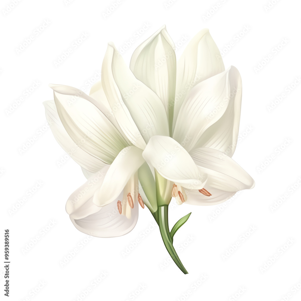 Close-up of a beautiful, white lily flower in full bloom with delicate petals and green stem, isolated on a white background. Close-up of a beautiful, white lily flower in full bloom with delicate petals and green stem, isolated on a white background.