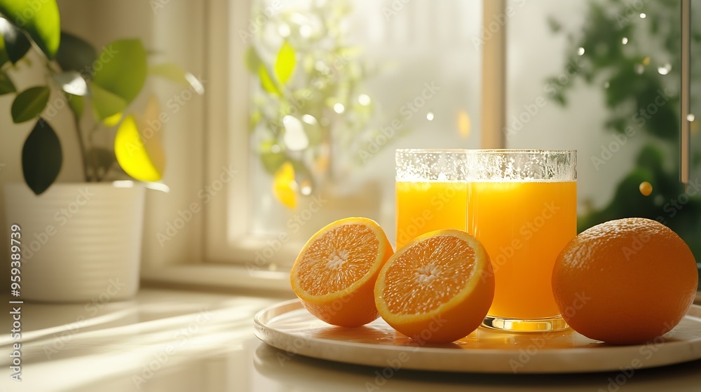 Naklejka premium Tray with fresh oranges and orange juice on table in light kitchen : Generative AI