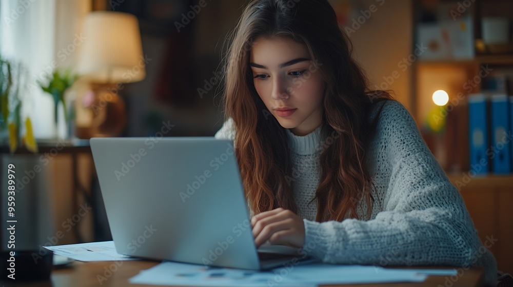 Focused busy young gen Z freelancer girl working at home bending over workplace table with marketing paper documents typing on laptop using application Internet technology : Generative AI Focused busy young gen Z freelancer girl working at home bending over workplace table with marketing paper documents typing on laptop using application Internet technology : Generative AI