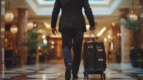 Close up of male porter wearing suit pushing cart with bags and luggage in luxury hotel copy space : Generative AI