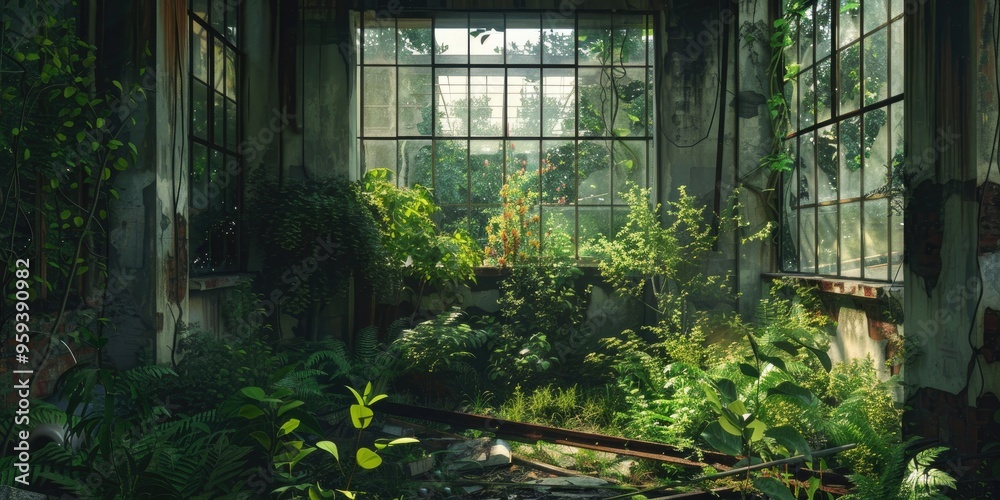 Interior of old abandoned building overgrown with plants Stock Photo ...