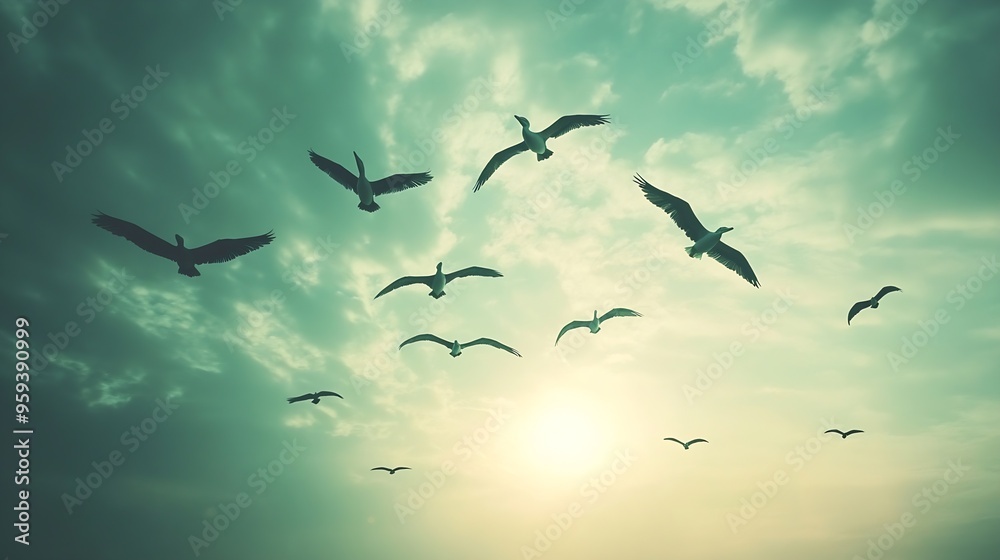 Fototapeta premium Flock of flying pelicans Cloudy sky and silhouette of flying birds Tranquil scene freedom hope motivation concept copy space : Generative AI
