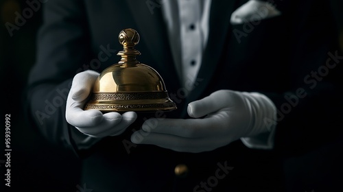 Portrait of Butler in Dark Suit and White Gloves Holding Brass Bell Concept of Service Industry and Professional Hospitality : Generative AI