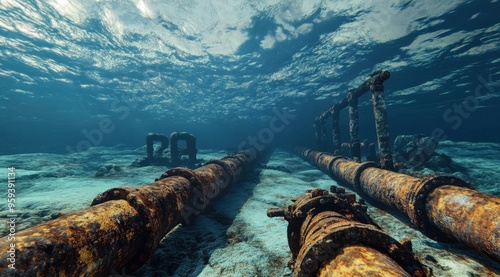 A wide shot of an underwater scene with rusted pipes that lay on the ocean floor, hyper-realistic photography. --ar 128:71 --v 6.1 Job ID: 92e47795-c462-481c-a8d6-4a838b82f1af photo