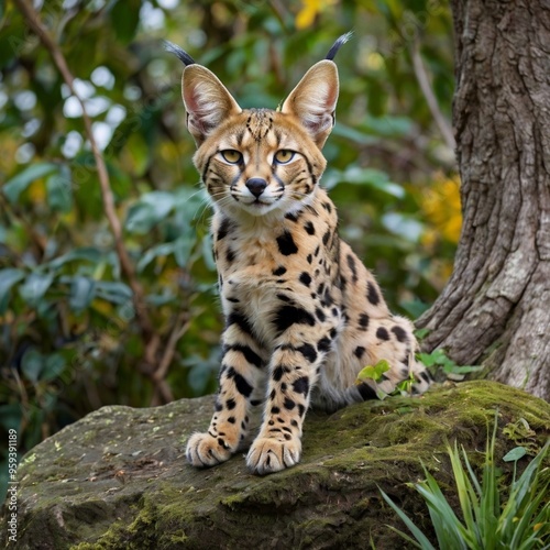 Closeup Leptailurus Serval big cat on the rock in the forest HD wallpaper royalty free stock photos images generated Ai